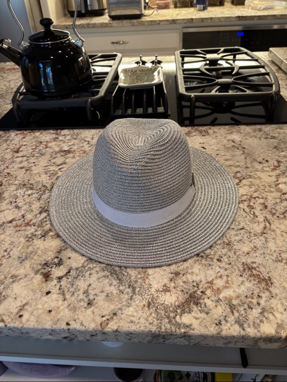 Wide Brim Silver Straw Sun Hat with White Ribbon Band